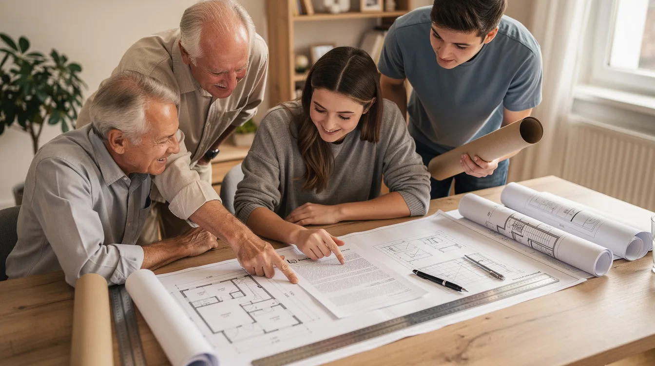 A family is gathered around a wooden desk, reviewing property documents and architectural plans, which may include legal arrangements related to beneficial ownership and estate planning purposes. The scene reflects their focus on understanding the complexities of legal ownership and trust structures in the context of Singapore residential property.