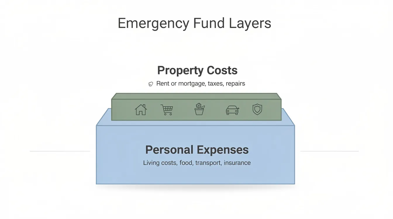 The image depicts a layered diagram of an emergency fund, with personal expenses forming the base layer and property costs, such as down payments and monthly mortgage payments for private properties, stacked above. This visual representation highlights the financial considerations necessary for purchasing residential properties, especially for potential buyers in Singapore.