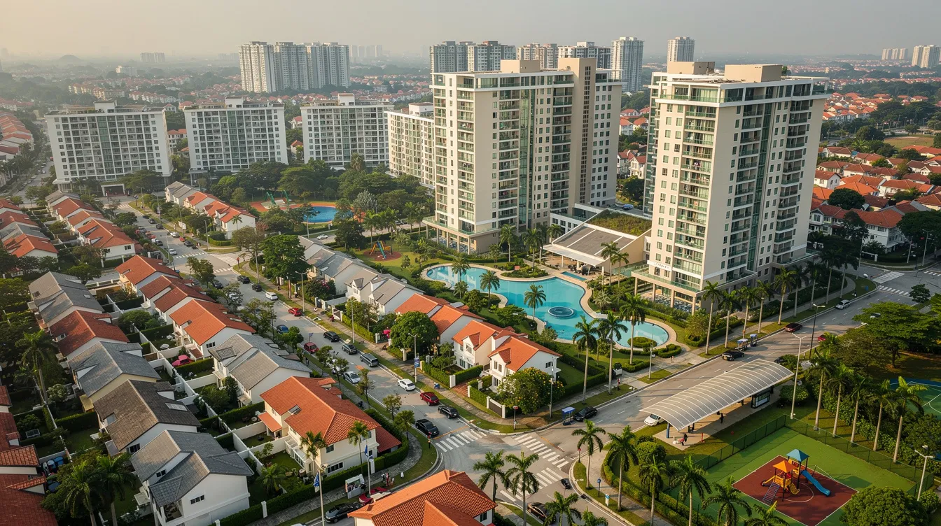 An aerial view captures a vibrant Singapore residential neighbourhood, showcasing a mix of condominiums and landed houses, highlighting the diversity of private property options available for potential buyers. This scene reflects the complexities of property ownership, including considerations for buyer's stamp duty and the decoupling strategy for married couples looking to manage multiple residential properties.