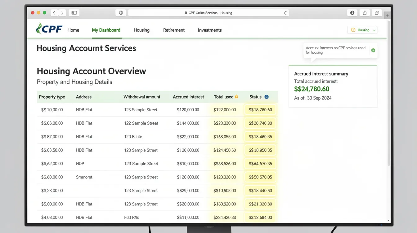 The image shows a desktop screenshot of the CPF online services, specifically highlighting the housing section with fields related to accrued interest. This includes information on CPF savings used for property purchases and the need to refund amounts when selling property, emphasizing the importance of understanding CPF accrued interest and its impact on retirement funds.