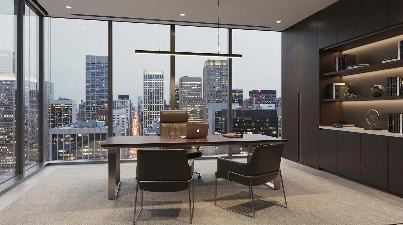 The image depicts a modern private banking office interior featuring floor-to-ceiling windows that provide a panoramic view of a city skyline. The sleek design reflects an environment catering to high net worth individuals, emphasizing financial services such as asset lines and investments.