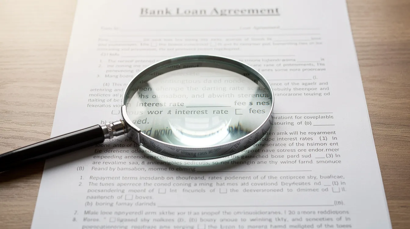 A magnifying glass is positioned over fine print text in a bank loan contract, highlighting important details such as legal fees, valuation costs, and the terms of refinancing or repricing options for homeowners. This image emphasizes the need for careful examination of loan packages to understand potential interest savings and monthly mortgage payments.