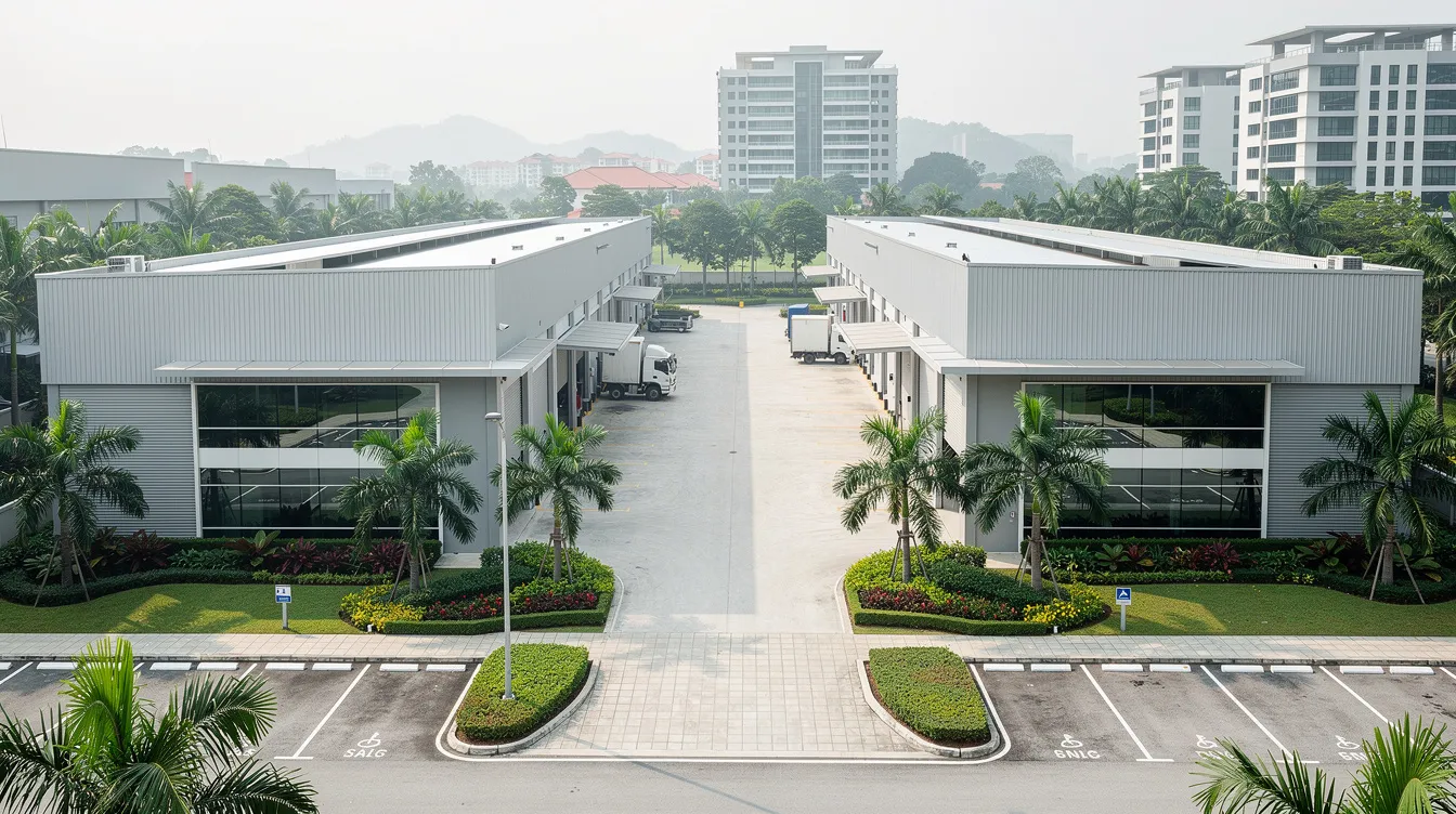 The image depicts modern industrial warehouse units located in a business park in Singapore, surrounded by lush greenery, highlighting a blend of urban development and nature. This setting represents a thriving business environment where companies can establish legal ownership of properties while benefiting from Singapore's favorable laws and regulations.