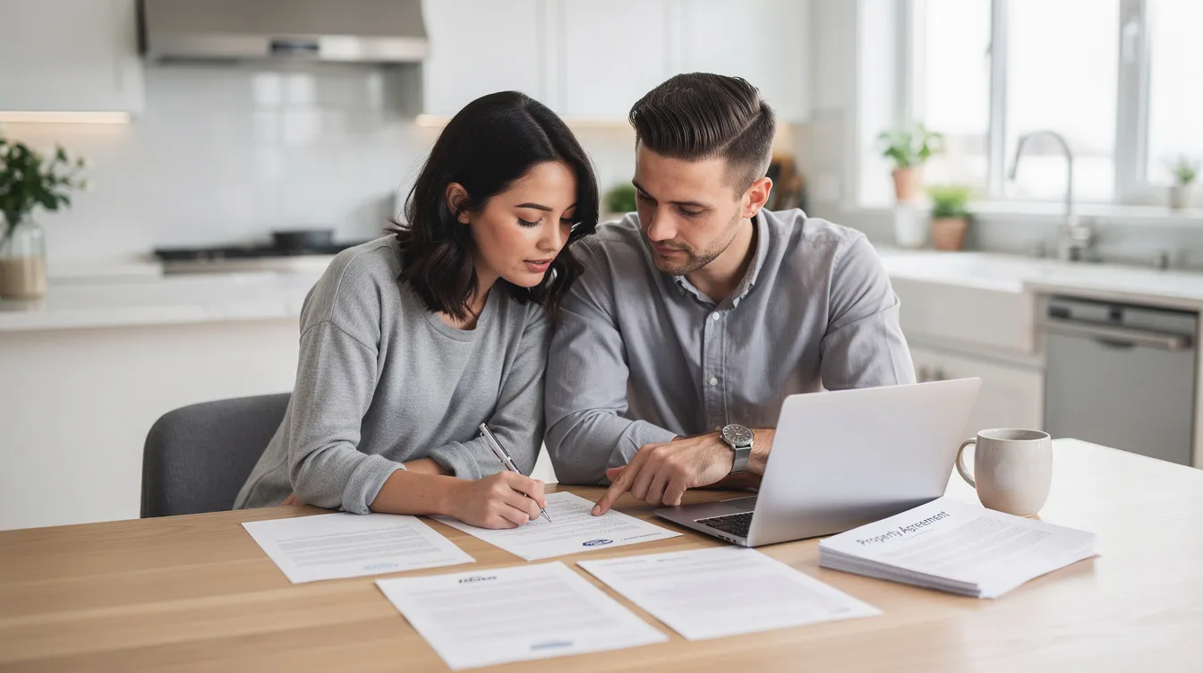 A couple sits together at a modern kitchen table, reviewing property documents on a laptop, likely discussing the legal fees and buyer's stamp duty involved in their purchase agreement for residential property. The atmosphere suggests a collaborative effort in understanding the costs involved in property ownership and the decoupling process.