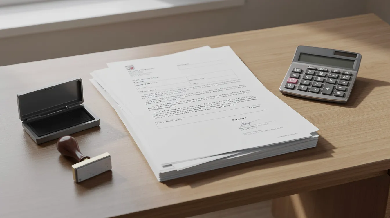 The image depicts a neatly arranged desk featuring official documents, a calculator, and a stamp pad, suggesting a workspace focused on legal processes related to property ownership, such as preparing for buyer's stamp duty and calculating legal fees. This setup may be used for managing the costs involved in the purchase agreement of residential properties.