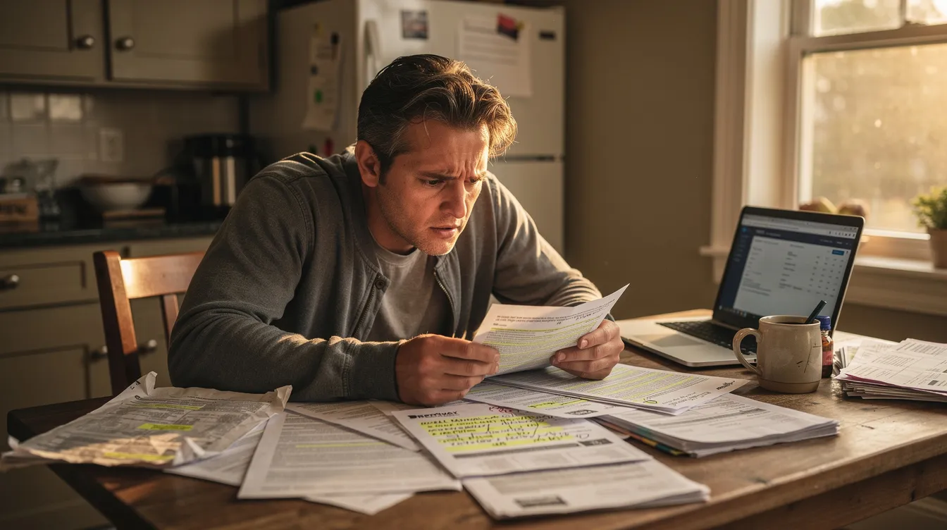 A distressed homeowner sits at a kitchen table, surrounded by property documents and a laptop, as they review a sale and purchase agreement for their residential property. The atmosphere reflects their concern about potential seller's stamp duty and the implications of the holding period on their financial situation.
