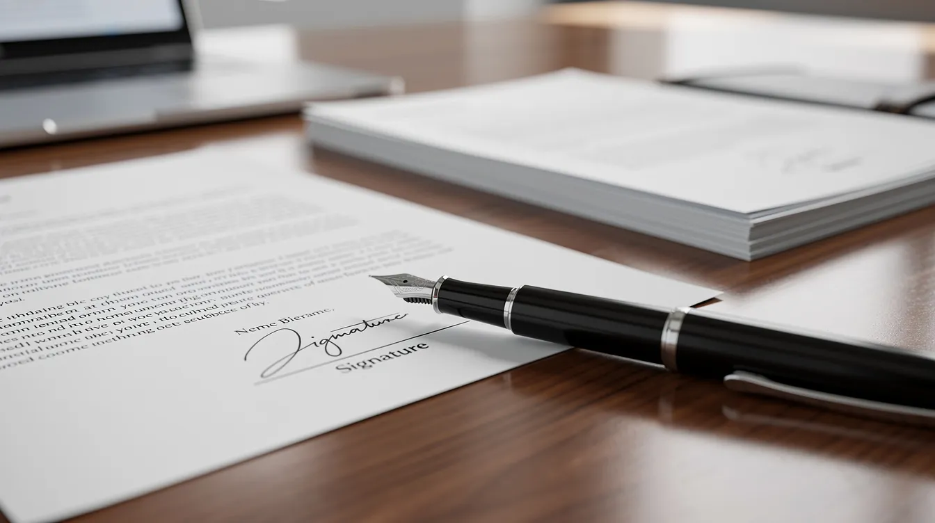 The image shows a close-up scene of a desk with a pen poised above contract papers, indicating the signing of a legally binding document related to a sale and purchase agreement. This moment captures the essence of property transactions, where the buyer pays an option fee and secures financing for their purchase.