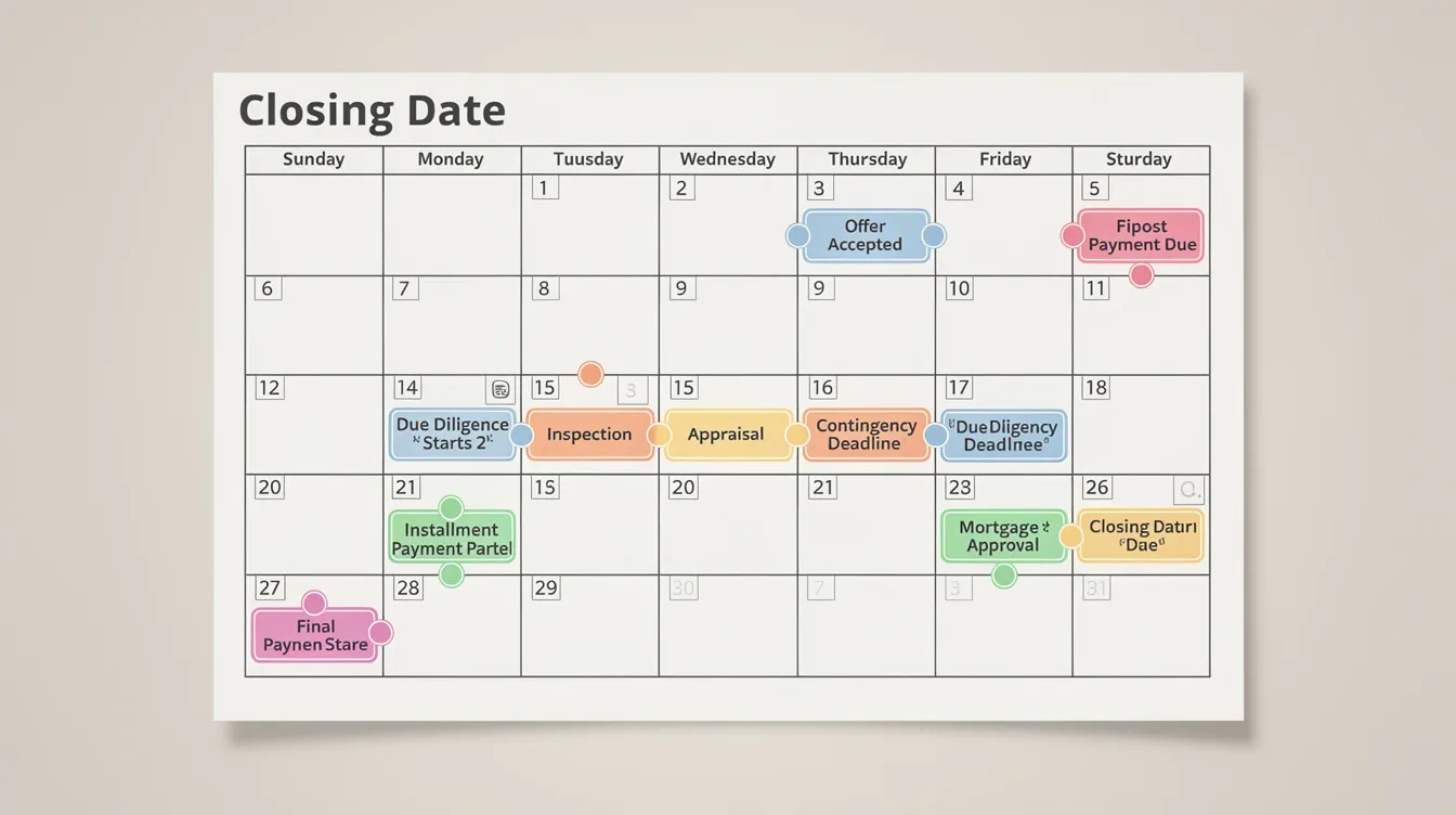 The image depicts a calendar with several marked dates highlighting important property transaction milestones and payment deadlines, such as legal fees, conveyancing costs, and buyer's stamp duty for purchasing private property in Singapore. These dates are essential for navigating the conveyancing process and ensuring compliance with legal requirements.