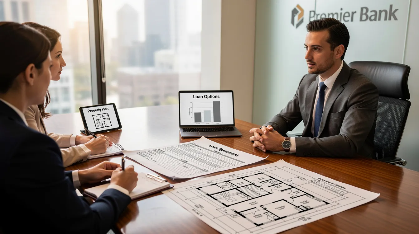 A financial advisor is seated at a conference table with a client, reviewing loan documents and property plans during a bank consultation meeting. The discussion likely involves legal ownership and trust arrangements related to Singapore residential property, as well as considerations for estate planning and asset protection.