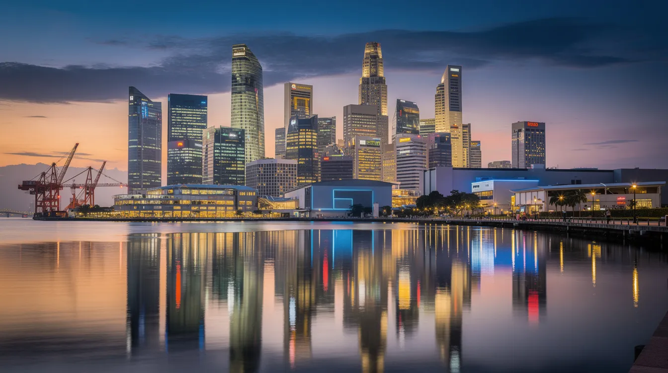 The image depicts the Singapore skyline at dusk, showcasing a blend of commercial and industrial buildings illuminated against the evening sky, reflecting the vibrant urban landscape. This scene represents the financial hub of Singapore, where homeowners often consider options like refinancing vs repricing their home loans to achieve interest savings and manage monthly mortgage payments effectively.