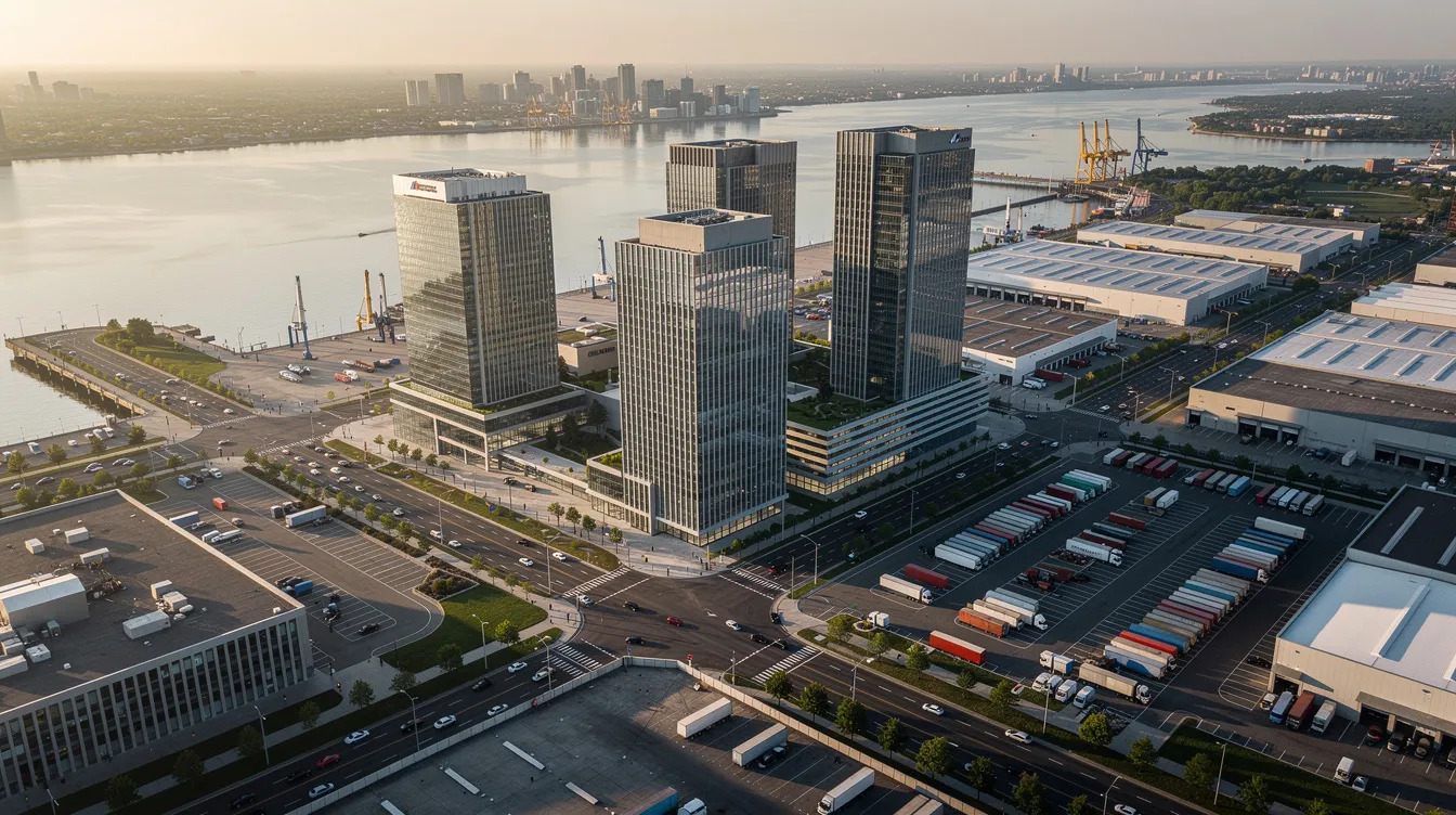 An aerial view showcases a modern commercial district featuring sleek office towers and industrial buildings adjacent to a waterfront, highlighting the vibrant market for commercial property investment. This dynamic location is ideal for businesses and investors looking to explore opportunities in buying commercial property under a private limited company structure.