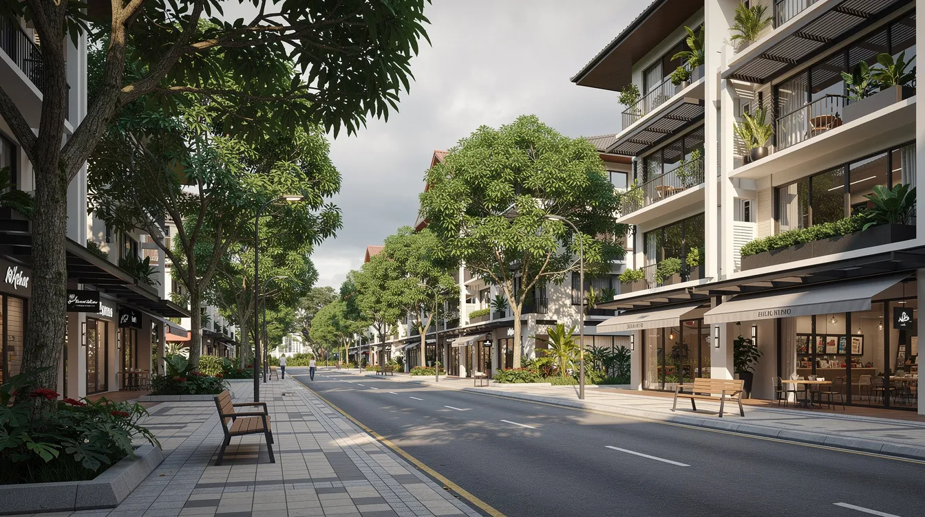 The image depicts a vibrant Singapore neighborhood featuring the facades of both residential and commercial buildings, surrounded by lush trees and well-maintained walkways. This scene reflects the dynamic property market in Singapore, where both capital gains and rental income play significant roles for investors.