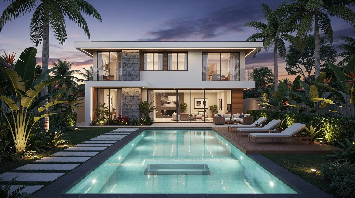 A contemporary luxury landed house is surrounded by lush tropical landscaping and features a private pool, all beautifully illuminated at dusk. This serene setting exemplifies the high net worth individuals' lifestyle, blending elegance with relaxation in a prime real estate location.