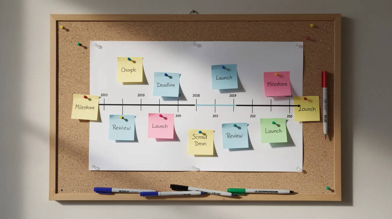 The image depicts an organized timeline chart pinned to a corkboard, featuring colorful markers and sticky notes that outline important milestones in the legal process of property ownership, such as buyer's stamp duty and legal fees associated with purchasing residential property. This visual aid serves as a helpful guide for navigating the complexities of property transactions, including aspects like the decoupling process and various stamp duties.