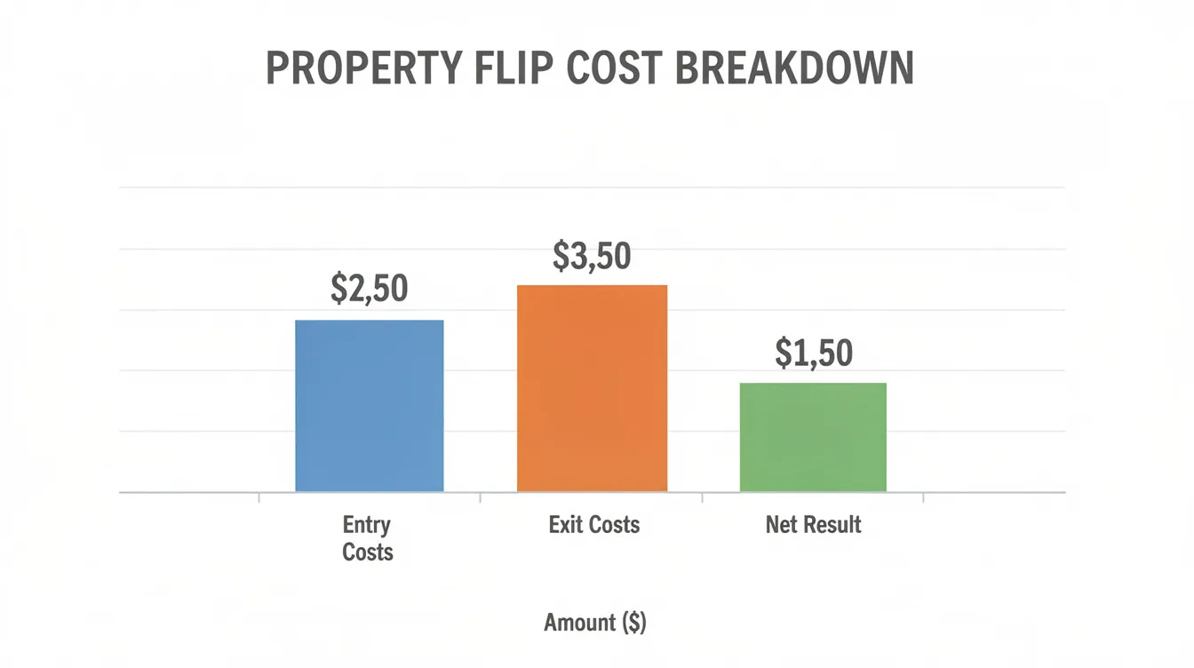 The bar chart illustrates the comparison of entry costs, exit costs, and net results for property flips, emphasizing the impact of additional buyer's stamp duty (ABSD) and seller's stamp duty (SSD) on short-term speculation in the residential property market. It highlights how these costs, along with legal fees, can significantly affect the profitability of property investments for short-term investors.