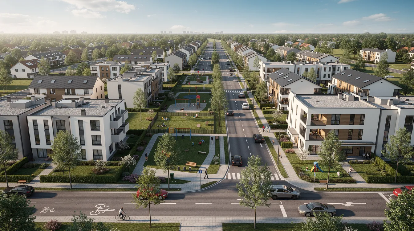 An aerial view captures a modern residential neighborhood featuring a mix of housing types, including private properties and HDB flats. The scene highlights the diversity of homes, which may involve various costs such as legal fees, stamp duty, and renovation costs for potential buyers.