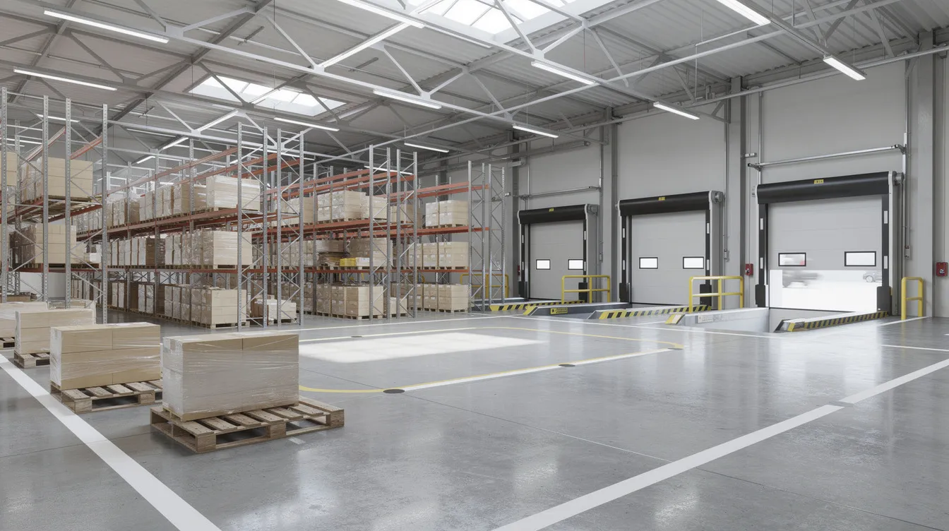 The image depicts the interior of a bright, modern industrial warehouse featuring spacious loading docks, showcasing a clean and organized environment ideal for commercial property use. This setting highlights the potential for investment opportunities in industrial spaces, appealing to businesses and investors looking to optimize their operations.