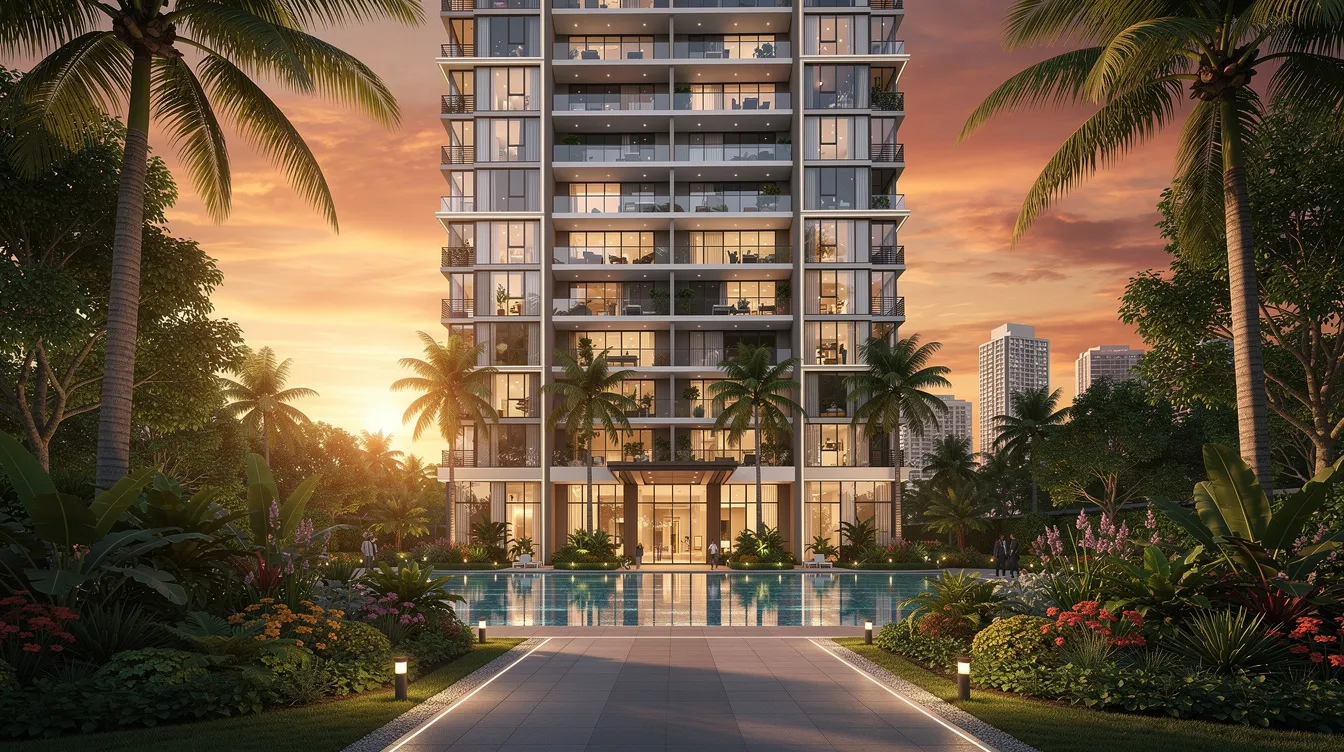The image depicts a modern condominium building in Singapore, beautifully illuminated by the sunset, surrounded by lush landscaping. This private residential property showcases the appeal of urban living, which is an attractive option for property buyers considering the complexities of property ownership and potential decoupling strategies to manage multiple properties without incurring additional buyer's stamp duty.