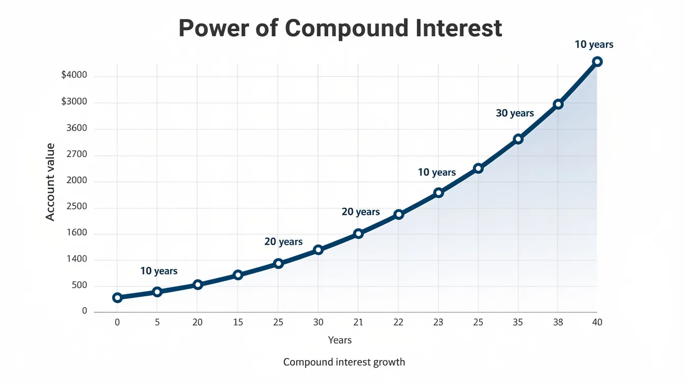 The image depicts a chart illustrating the exponential growth of compound interest over several decades, emphasizing how accrued interest can significantly increase cpf savings in a retirement account. The upward trend highlights the importance of understanding how cpf principal and interest can impact retirement funds, especially when considering property purchases or selling your property.