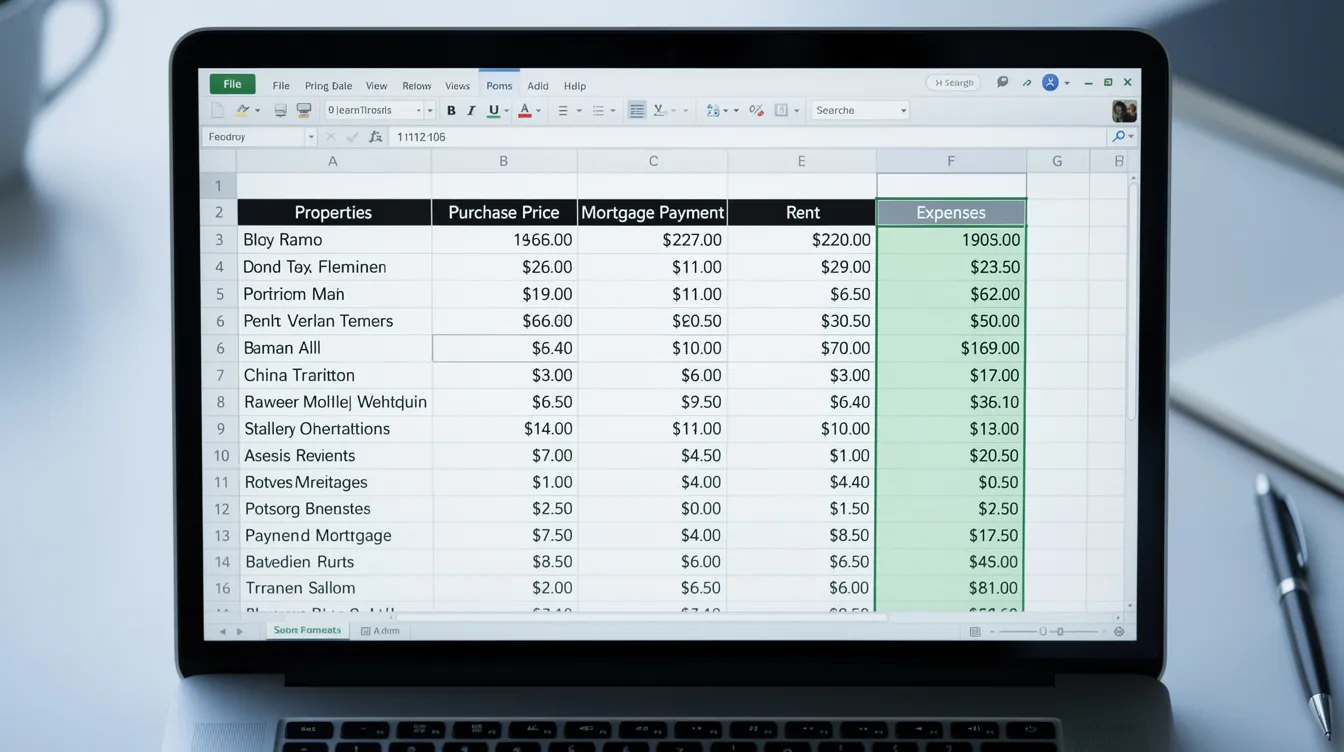 The image depicts a spreadsheet filled with property investment calculations, featuring columns dedicated to rent, property tax, maintenance fees, and other expenses incurred by property investors. This detailed layout aids in making informed financial decisions regarding residential properties and optimizing resource allocation.