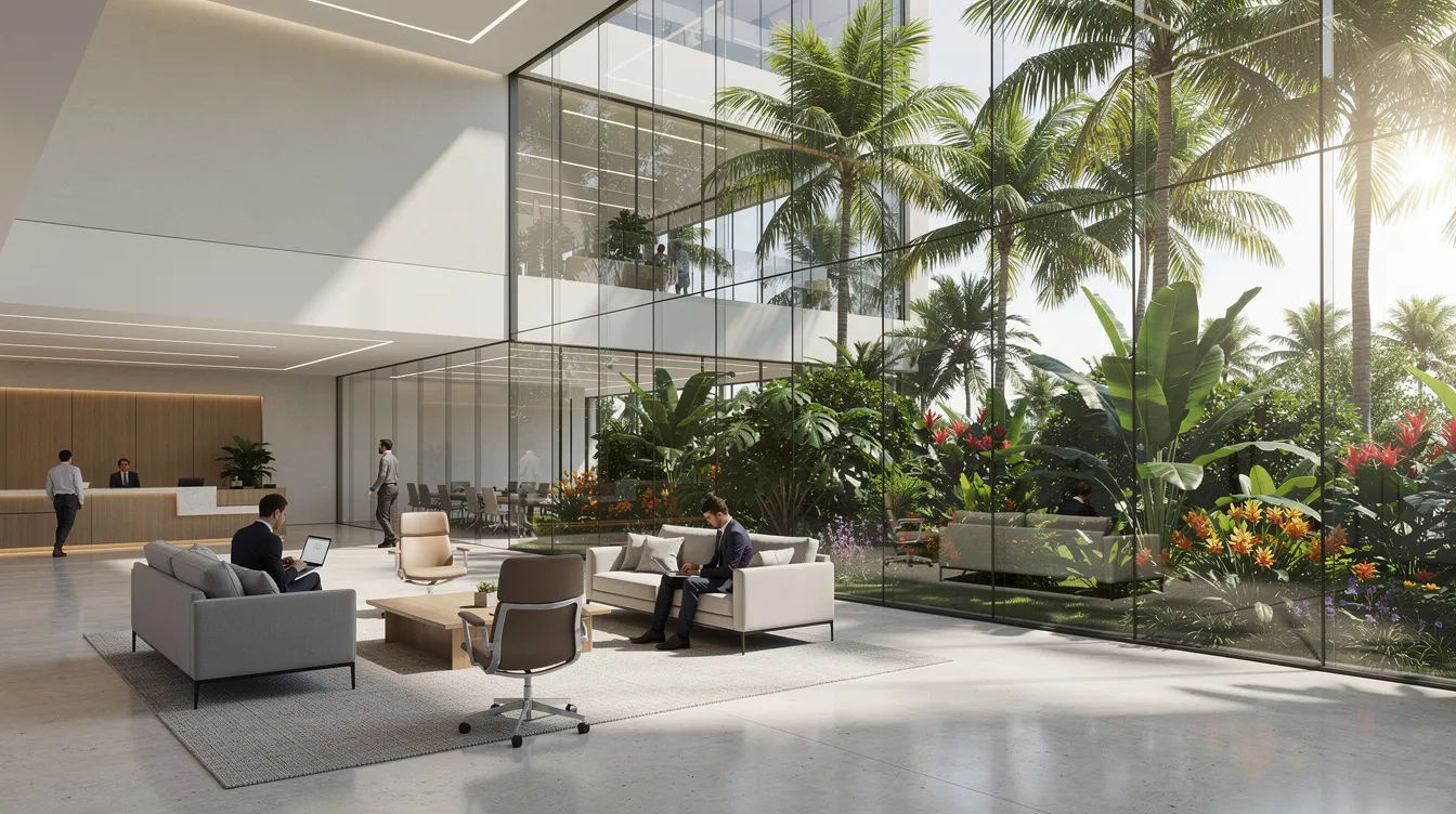 The image depicts a modern office building interior featuring large windows that provide a view of a lush tropical garden outside. The bright and airy space suggests a comfortable environment for professionals, with an emphasis on natural light and greenery, ideal for discussions about home loan refinancing strategies in varying interest rate environments.