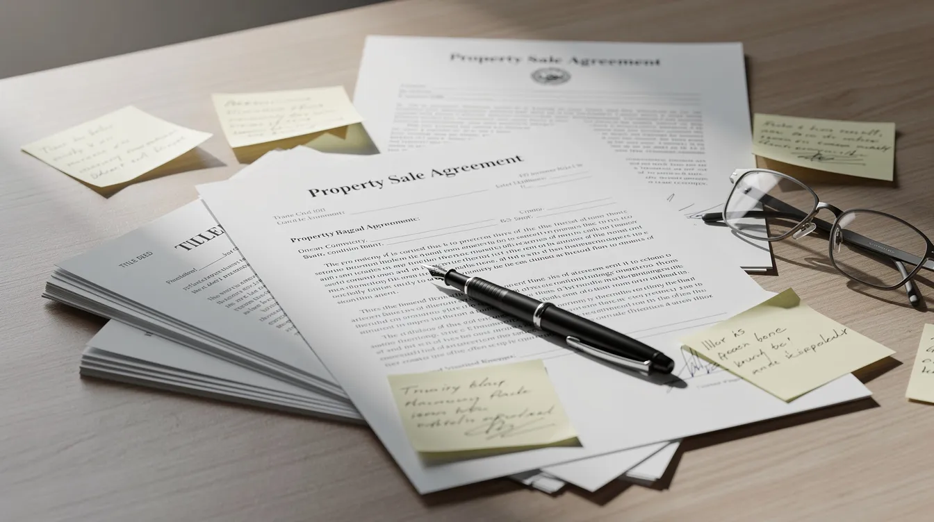 A close-up view of property documents and legal paperwork spread out on a table, including various forms related to buyer's stamp duty, valuation fees, and mortgage loan agreements, highlighting the complexity of hidden costs associated with purchasing property. The scene emphasizes the importance of understanding legal fees and additional buyer's costs for potential home buyers.