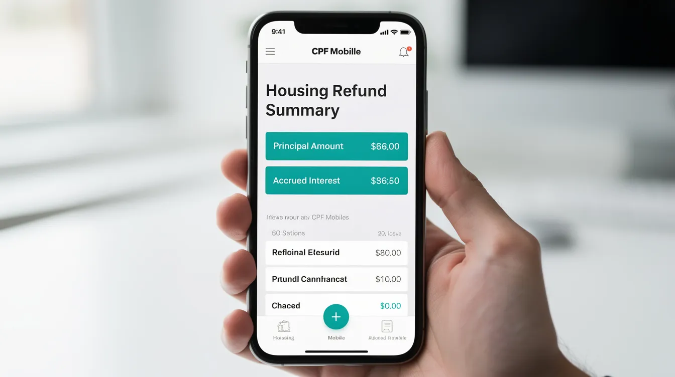 The image displays a vertical phone screen featuring the CPF mobile app, highlighting a housing refund summary that includes details on the principal amount and accrued interest related to CPF savings. It shows the refund amount needed when selling property, emphasizing the importance of understanding CPF funds and the impact on retirement savings.