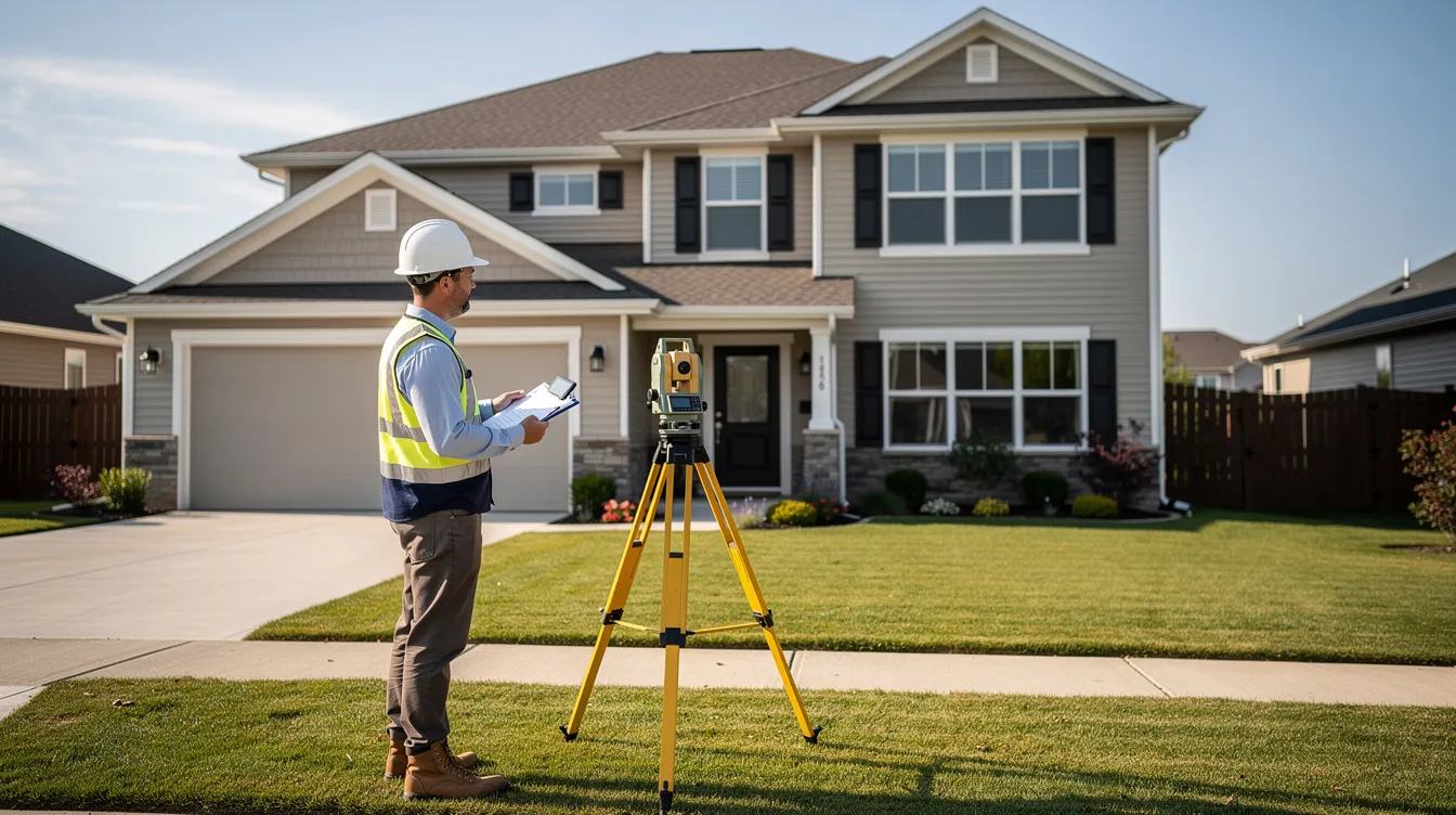 A professional surveyor is inspecting the exterior of a residential building, assessing its condition and value, which may affect the purchase price and associated hidden costs like valuation fees and stamp duty for potential buyers. The surveyor's evaluation is crucial for understanding ongoing maintenance costs and ensuring the property meets legal requirements.
