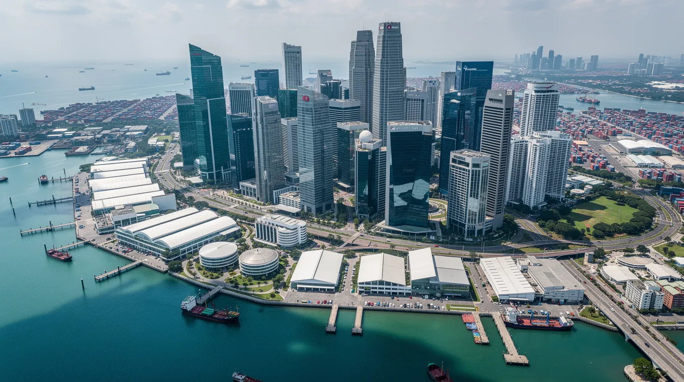An aerial view of Singapore's central business district showcases a vibrant skyline filled with commercial and industrial buildings along the waterfront, highlighting the city's role as a hub for global investors and real estate investment opportunities. This bustling area is crucial for understanding the implications of capital gains tax and income tax on properties and investments in Singapore.