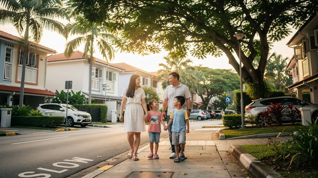 A family strolls through a serene residential neighborhood in Singapore, where mature trees provide shade along the quiet streets. This peaceful environment highlights the importance of choosing the right location for buyers and sellers in the real estate market.