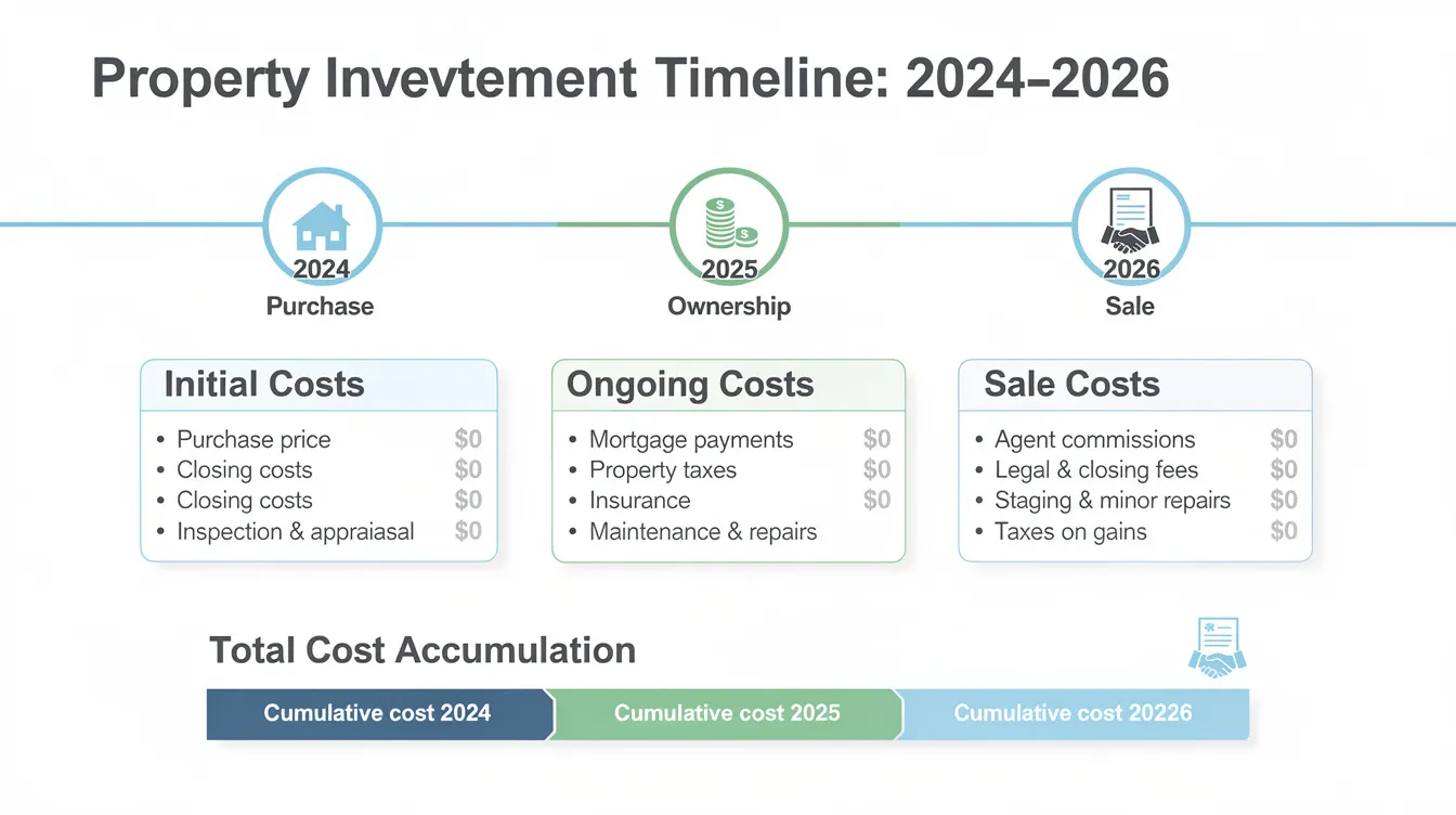 The image depicts a timeline illustrating the financial journey of a residential property purchase in 2024, highlighting key stages such as the accumulation of costs, including buyer's stamp duty and seller's stamp duty, leading up to the sale in 2026. It emphasizes the impact of various factors like market value, holding period, and legal fees on property prices, particularly for short-term investors in Singapore's property market.