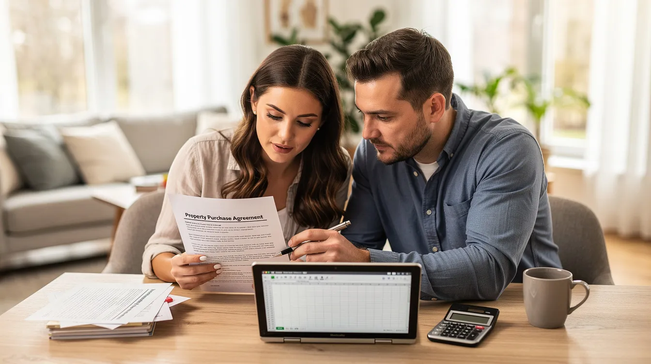 A married couple is sitting at a table, reviewing property documents together with a laptop and calculator in front of them. They appear to be discussing aspects of property ownership, possibly related to the decoupling strategy for managing their first and second residential properties while considering buyer's stamp duty implications.