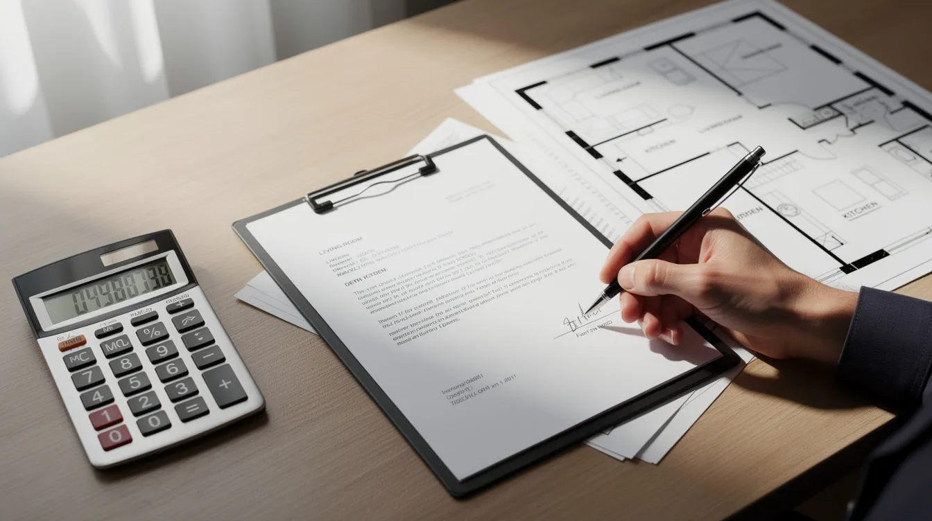 The image depicts a desk cluttered with documents for signing, a calculator, and detailed property floor plans. This scene suggests the process of purchasing property, highlighting potential hidden costs such as legal fees, stamp duty, and valuation fees that buyers should consider.