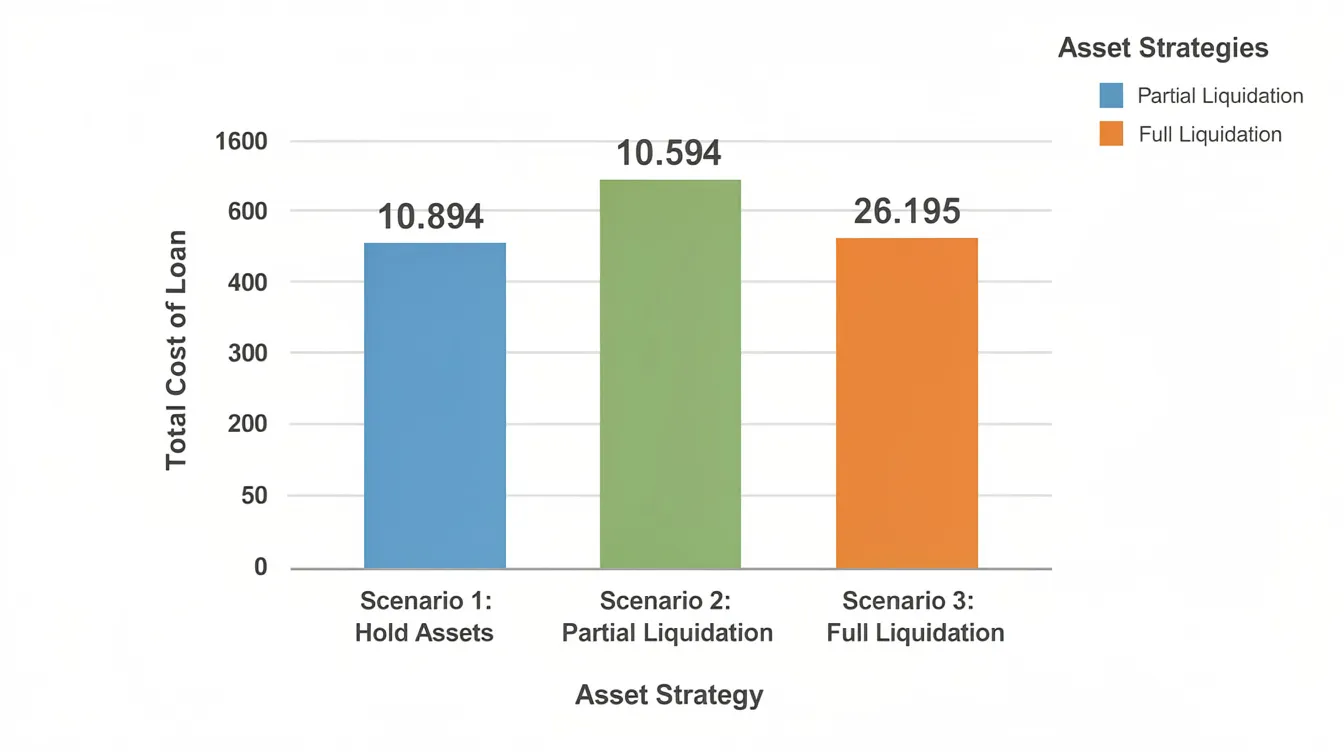 The image features a bar chart comparing three loan scenarios, illustrating how different strategies for pledging eligible financial assets impact the total debt servicing ratio and loan eligibility. Each bar represents varying levels of recognized monthly income and outstanding loans, highlighting the trade-offs between pledged and unpledged assets in securing a mortgage loan.