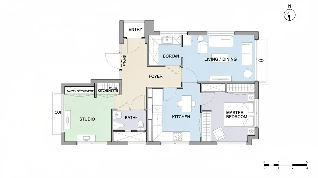 The image depicts a floor plan diagram of a dual key condo layout, showcasing a larger main living area connected to a studio unit via a shared foyer. This unique dual key layout allows for separate entrances, providing privacy and flexibility for multigenerational families or property investors seeking rental income from two separate units within the same development.