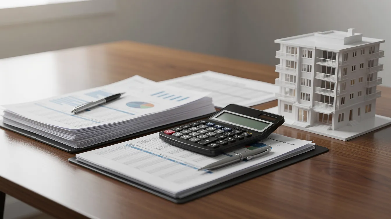 The image features a calculator and various financial documents spread across a desk, accompanied by a miniature building model that symbolizes property investment analysis. This setup highlights essential concepts such as capital gains tax, income tax, and the evaluation of rental property income for investors in Singapore's property market.