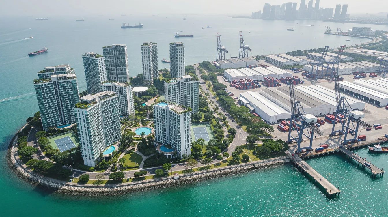 An aerial view captures Singapore's skyline, featuring a mix of modern residential condominiums and industrial buildings lining the waterfront. This vibrant scene highlights the diverse property landscape, where property investors can navigate costs such as maintenance fees and property tax rates to make informed financial decisions.