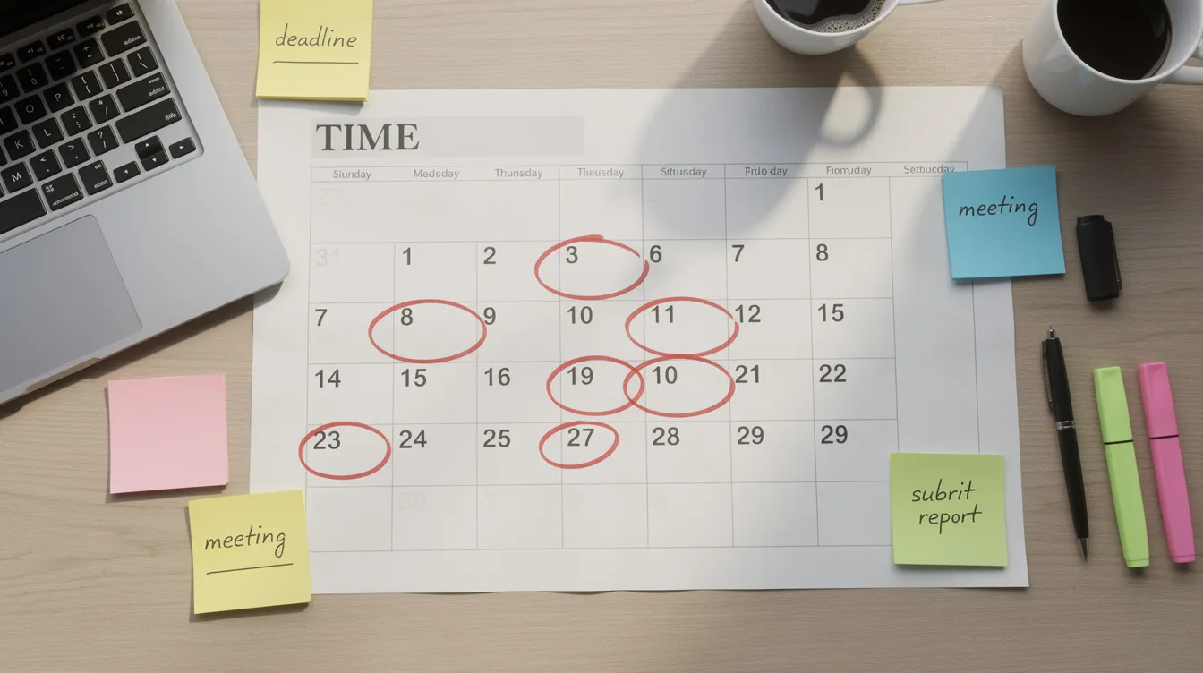 The image shows a workspace calendar with important deadline dates circled in red and colorful sticky notes scattered around, indicating various tasks and reminders related to property transactions, such as the option to purchase (OTP) and securing financing. This setup reflects the legal mechanics of a sale and purchase agreement, emphasizing the need for organization during the process of buying or selling property.