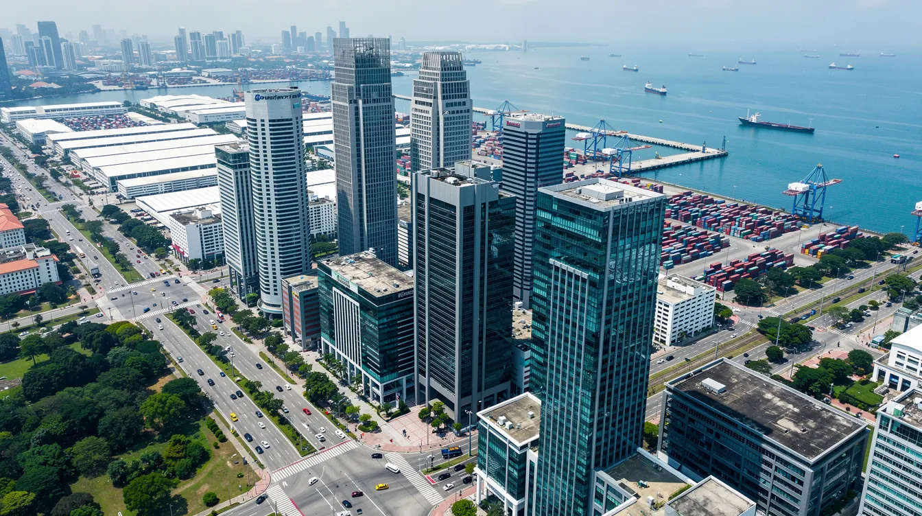 An aerial view captures the modern skyline of Singapore's business district, showcasing sleek commercial towers alongside industrial waterfront buildings, indicative of a vibrant real estate market. This scene reflects opportunities for property investing, including real estate investment trusts (REITs) and direct property ownership, highlighting the potential for rental income and capital appreciation.