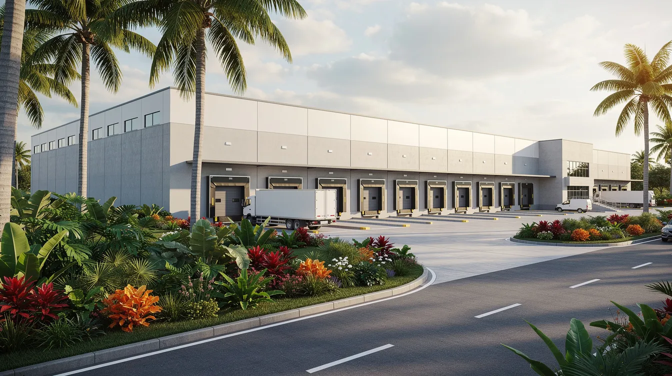 The image depicts a modern industrial warehouse facility with loading docks, set against a backdrop of lush tropical landscaping. This scene highlights the intersection of physical property ownership and real estate investment, showcasing a space that could potentially generate rental income or serve as an investment property in the real estate market.