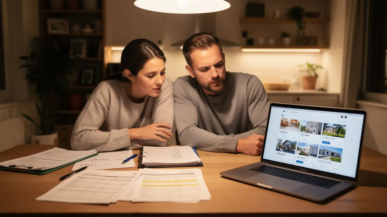A couple sits at a dining table covered with financial documents, reviewing their options for buying property, while a laptop displays various property listings. They appear focused and engaged, highlighting the important decision-making process involved in the real estate market.