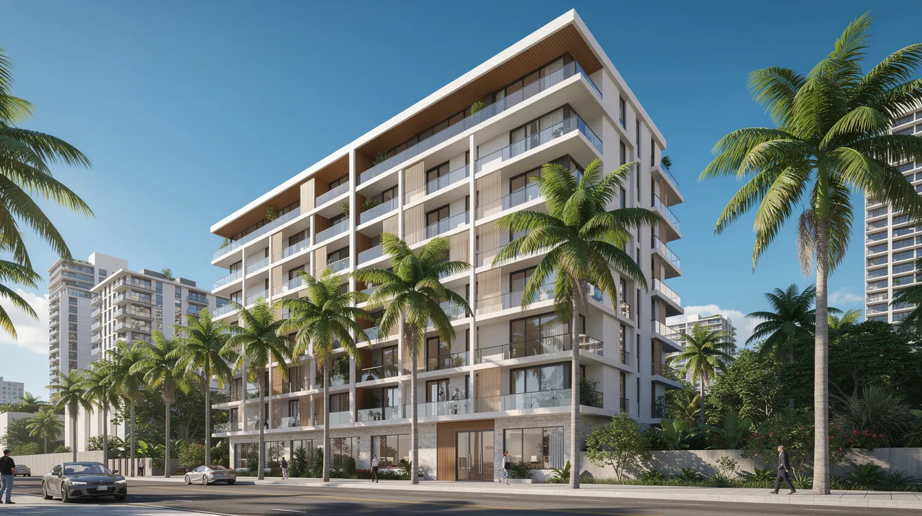 The image depicts a modern condominium building surrounded by palm trees under a clear blue sky, representing the vibrant lifestyle of tropical city living. This visual resonates with the concept of private property ownership in Singapore, where potential buyers must consider various legal fees and conveyancing costs during the property purchase process.