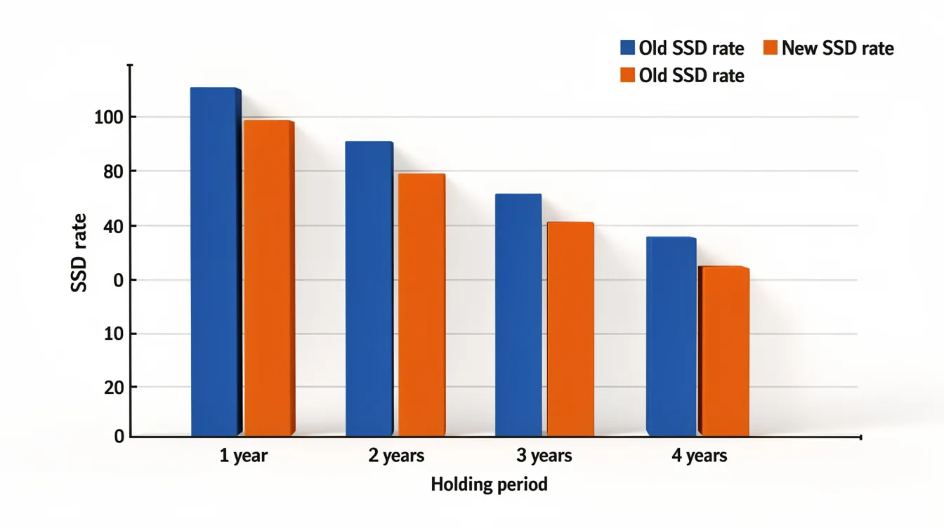 The image features a bar chart that compares the old and new seller's stamp duty (SSD) rates for residential properties purchased over four different holding periods, with each year represented by distinctly colored bars for easy differentiation. This visual highlights the changes in SSD rates, emphasizing the impact on private residential property transactions.
