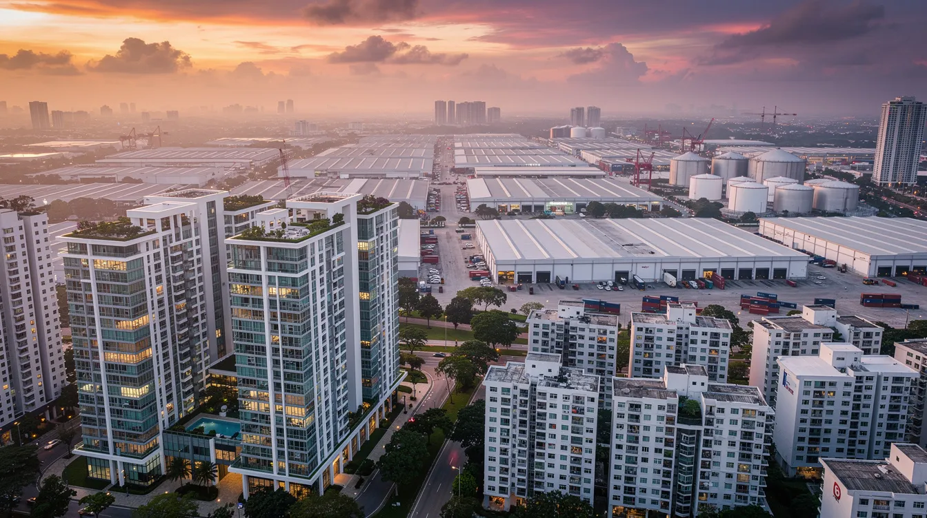 The image showcases a modern skyline of Singapore at sunset, featuring a blend of residential condominiums and industrial buildings, symbolizing the city's dynamic development and legal ownership structures in property. The vibrant colors of the sunset reflect on the glass facades, highlighting the significant wealth and investment opportunities in Singapore's residential property market.