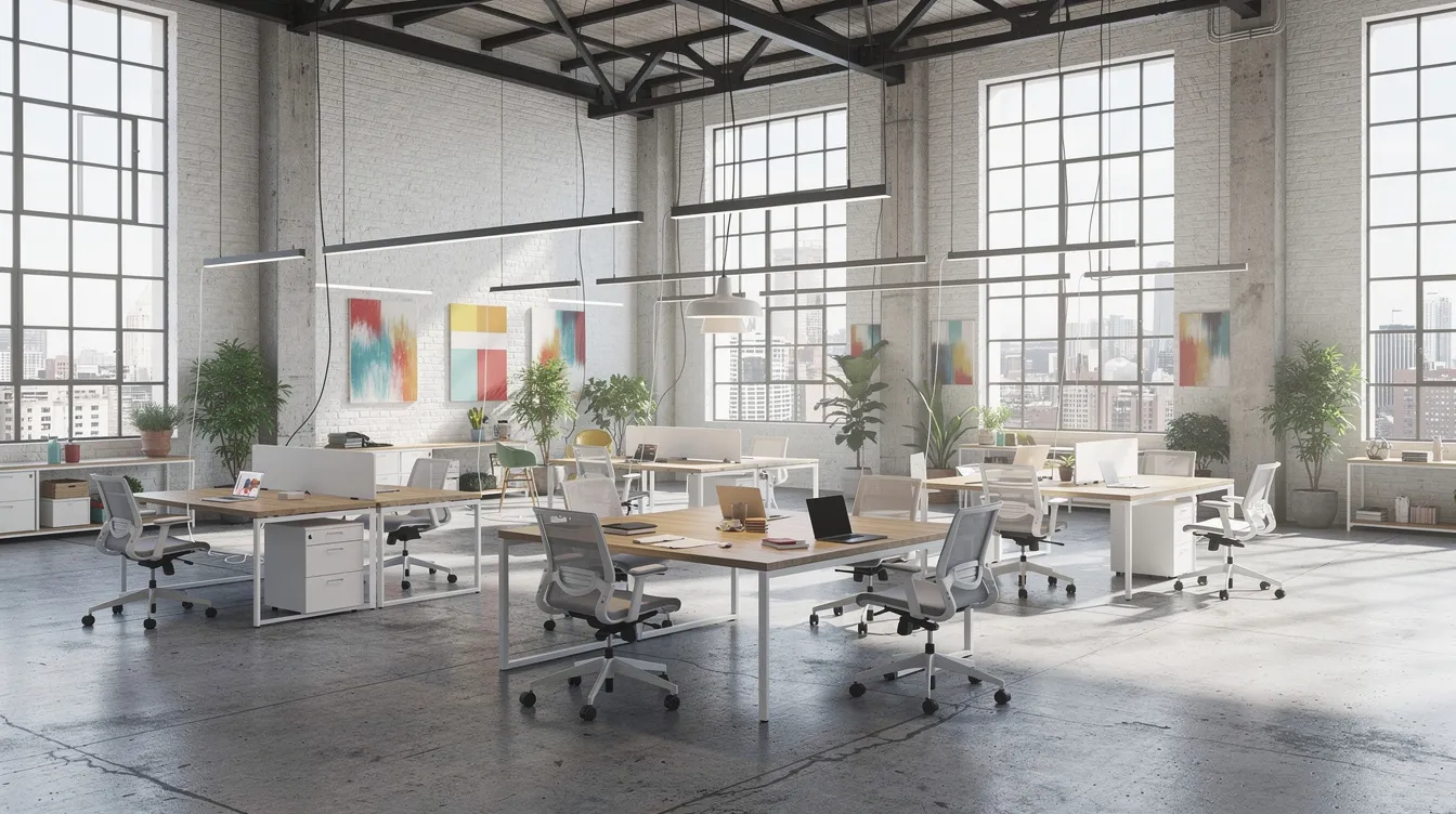 The image depicts a bright industrial workspace featuring high ceilings and a modern fit-out, emphasizing a blend of functionality and style, ideal for property management or real estate investment activities. This space could serve as a hub for discussions on rental income and investment strategies in the real estate market.
