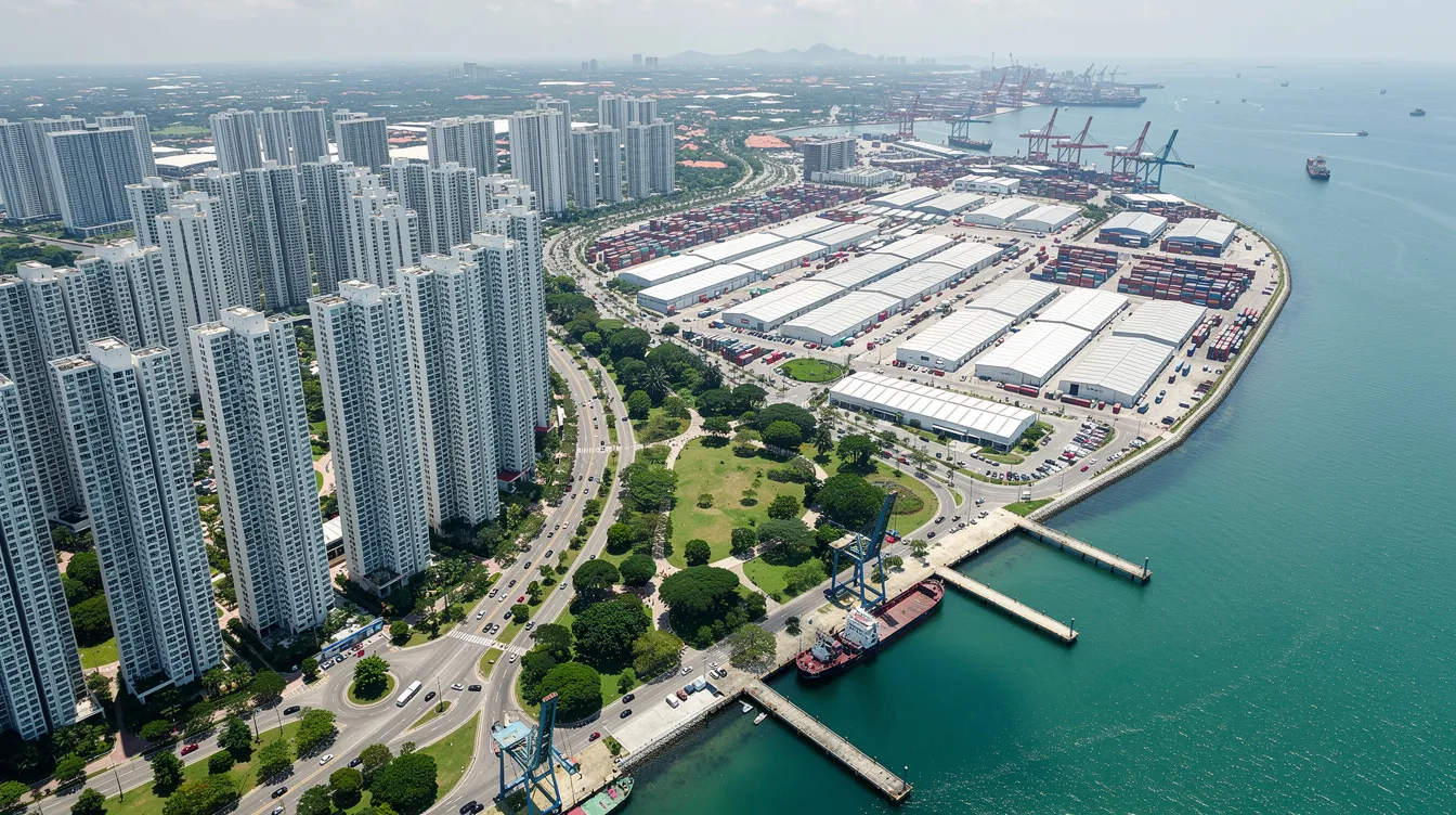 An aerial view of Singapore showcases a blend of residential and industrial buildings lining the waterfront, highlighting the city's vibrant property transactions. This scene reflects the dynamic nature of the real estate market, where buyers and sellers engage in legally binding agreements, such as the option to purchase (OTP), to secure their financial commitments.