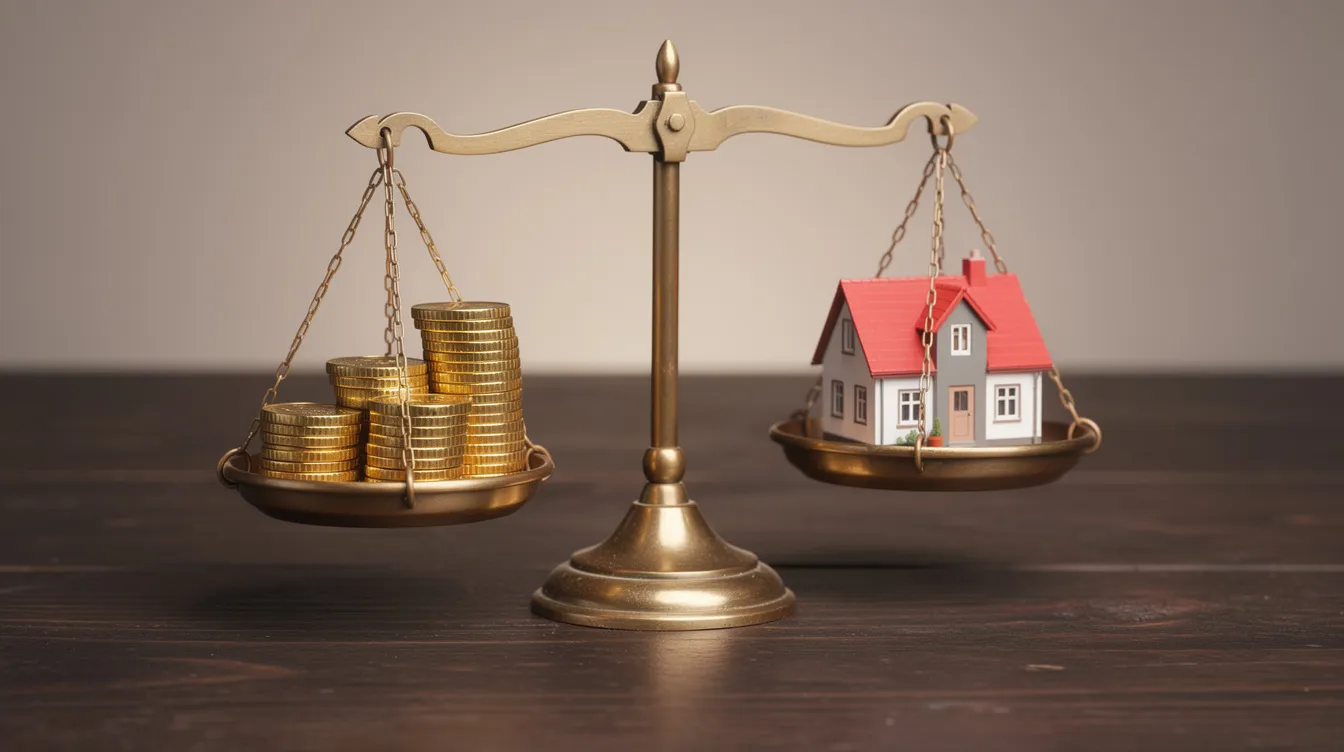 The image depicts a balanced scale, with a pile of coins representing legal fees and stamp duties on one side, and a small house model symbolizing residential property ownership on the other side. This visual metaphor illustrates the financial considerations involved in property transactions, including buyer's stamp duty and legal costs.