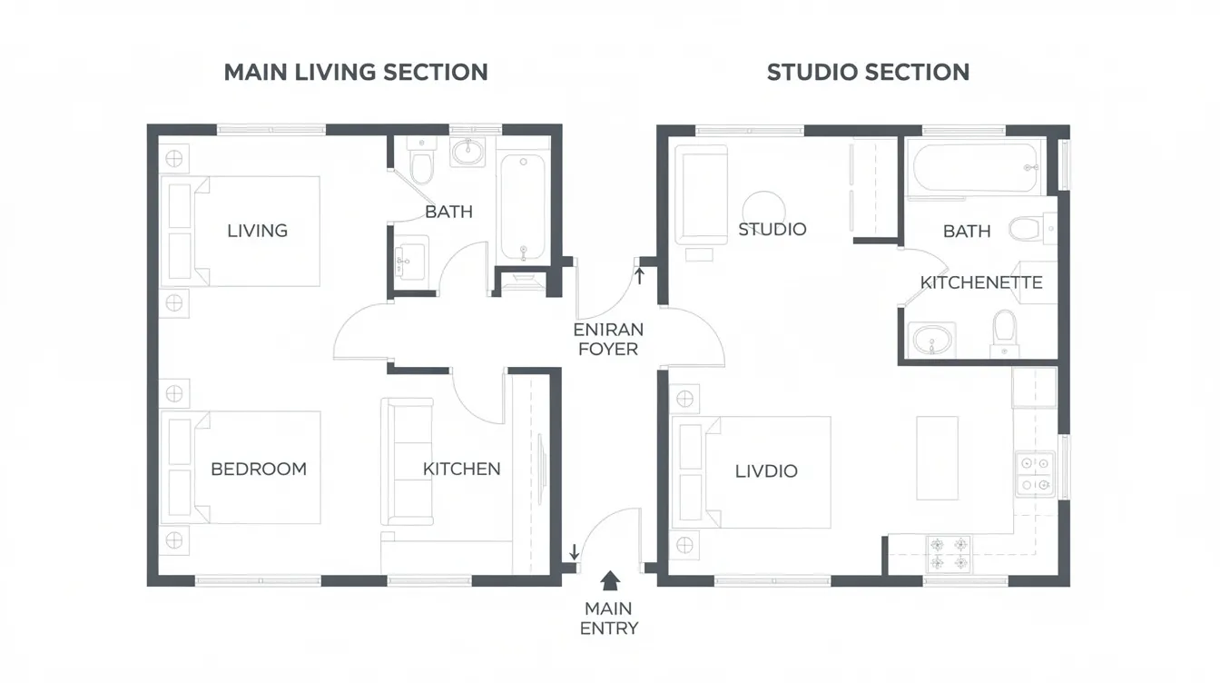 The image is a simple labeled diagram illustrating a dual key floor plan, featuring a main living section and a studio unit, both accessible through a shared entrance foyer. This unique layout of a dual key condo unit provides added flexibility for property investors, allowing for separate living spaces while maintaining privacy.