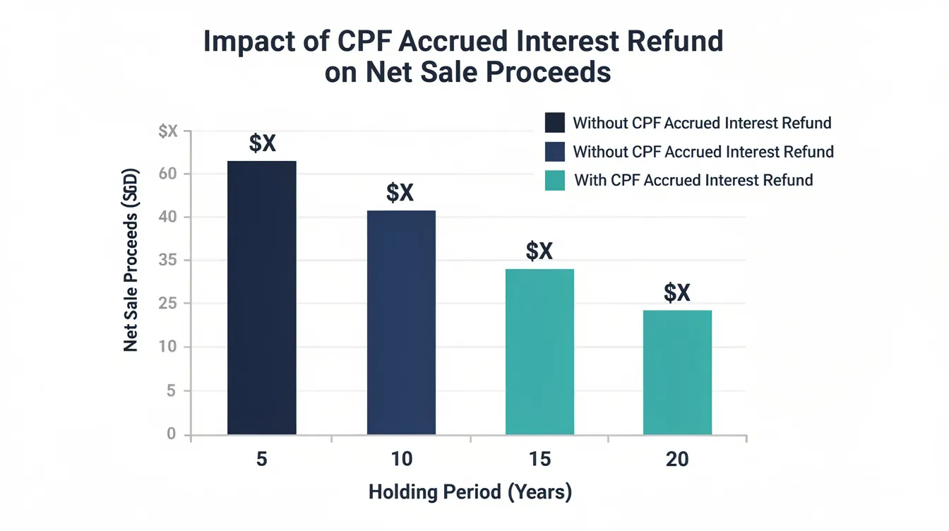 The image depicts a bar chart comparing net sale proceeds from residential property transactions with and without the CPF accrued interest refund obligation, analyzed over various holding periods. This visual representation highlights the financial implications for property buyers in Singapore, particularly regarding their investment strategy and property ownership decisions.