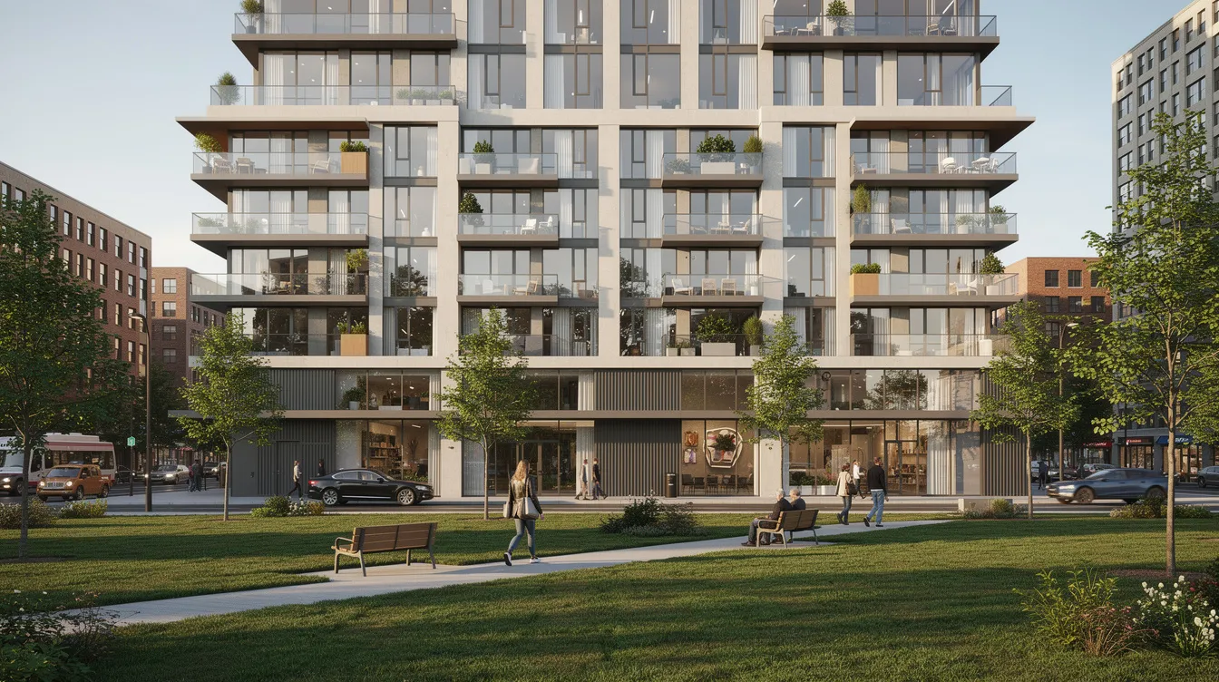 The image depicts a modern apartment building with sleek balconies that overlook a lush park in an urban environment. This stylish property could appeal to foreign buyers interested in overseas property investments, considering factors such as currency risk and capital gains tax.